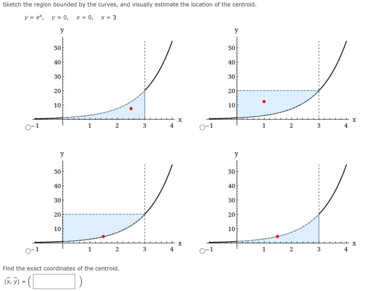 Sketch the region bounded by the curves, and visually estimate the location of the centroid.
y = ex, y = 0,
X = 0,
X = 3
y
y
50
50
40
40
30
20
10
10
X
O-1
1
2
3
4
1
2
4
y
y
50
50
40
30
30
20
20
10
10
X
1
2
3
4
0-1
1
2
3
Find the exact coordinates of the centroid.
(х, у) %3D
30
20
40
