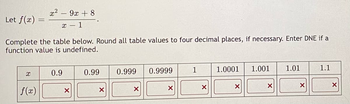 Let f(x) =
x
x²
f(x)
-
Complete the table below. Round all table values to four decimal places, if necessary. Enter DNE if a
function value is undefined.
x-1
9x + 8
0.9
X
0.99
X
0.999
X
0.9999
X
1
X
1.0001
X
1.001
X
1.01
X
1.1
X