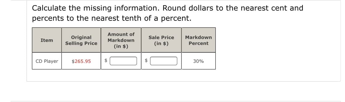 Calculate the missing information. Round dollars to the nearest cent and
percents to the nearest tenth of a percent.
Amount of
Original
Selling Price
Sale Price
Markdown
Item
Markdown
(in $)
Percent
(in $)
CD Player
$265.95
$
30%
