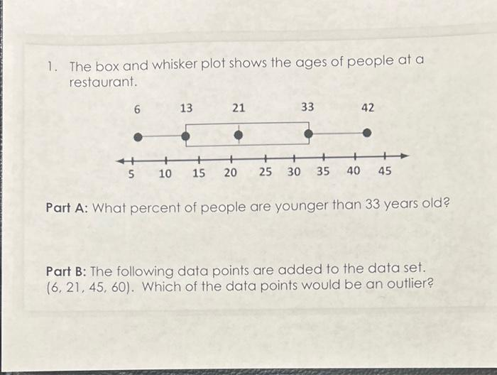 1. The box and whisker plot shows the ages of people at a
restaurant.
6
5
13
21
33
42
10 15 20 25 30 35 40 45
Part A: What percent of people are younger than 33 years old?
Part B: The following data points are added to the data set.
(6, 21, 45, 60). Which of the data points would be an outlier?