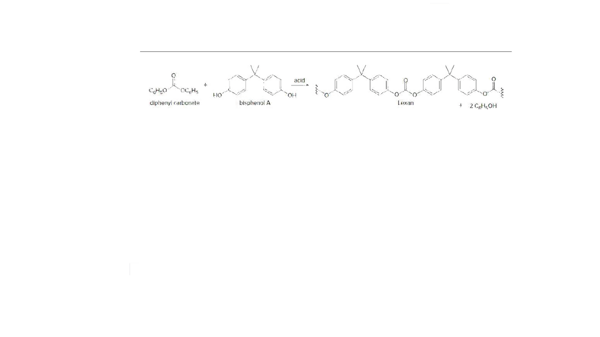 acid
OC, H,
diphenyi carbonate
bisphenpl A
Lexan
2 CH,OH
