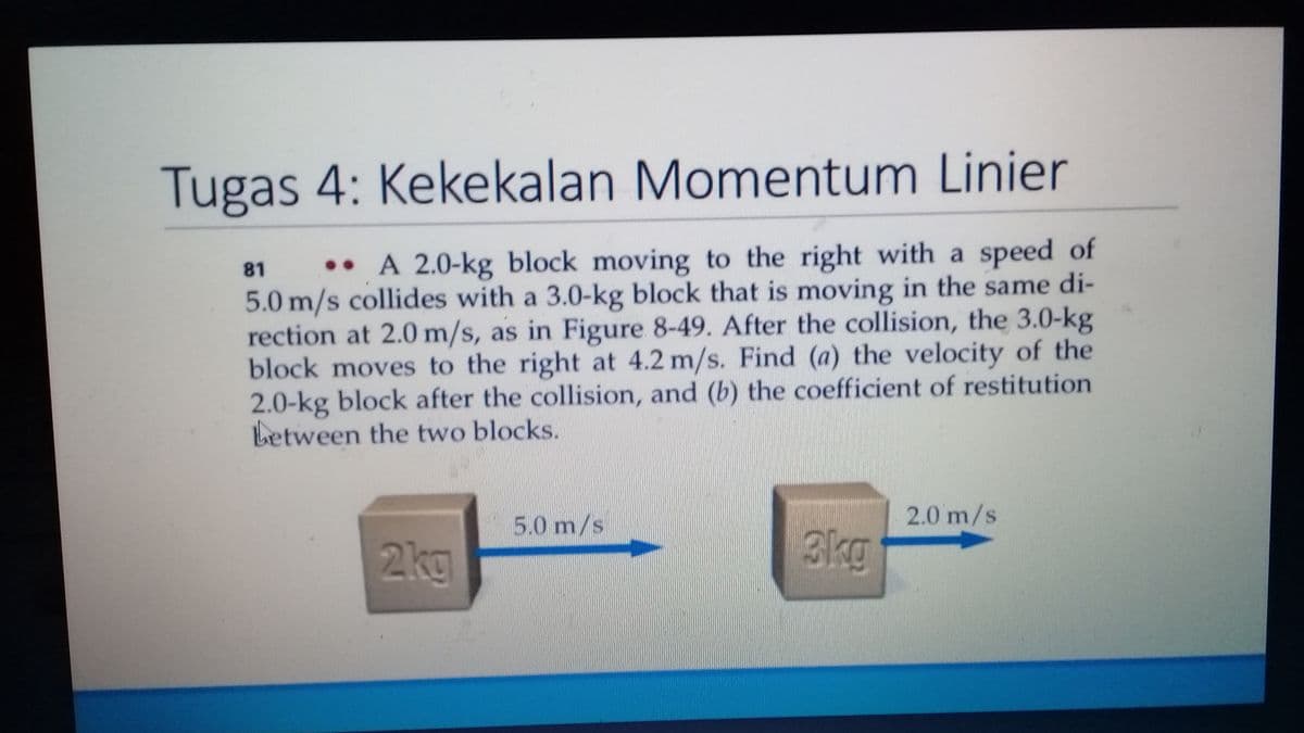 Tugas 4: Kekekalan Momentum Linier
•• A 2.0-kg block moving to the right with a speed of
5.0 m/s collides with a 3.0-kg block that is moving in the same di-
rection at 2.0 m/s, as in Figure 8-49. After the collision, the 3.0-kg
block moves to the right at 4.2 m/s. Find (a) the velocity of the
2.0-kg block after the collision, and (b) the coefficient of restitution
Letween the two blocks.
81
5.0 m/s
2.0 m/s
2kg
3kg
