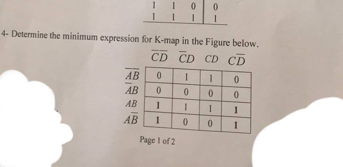 1
1
1
1
4- Determine the minimum expression for K-map in the Figure below.
CD CD CD CD
АВ
0.
1
1
AB
АВ
1
1
1
1
АВ
1
1
Page 1 of 2
