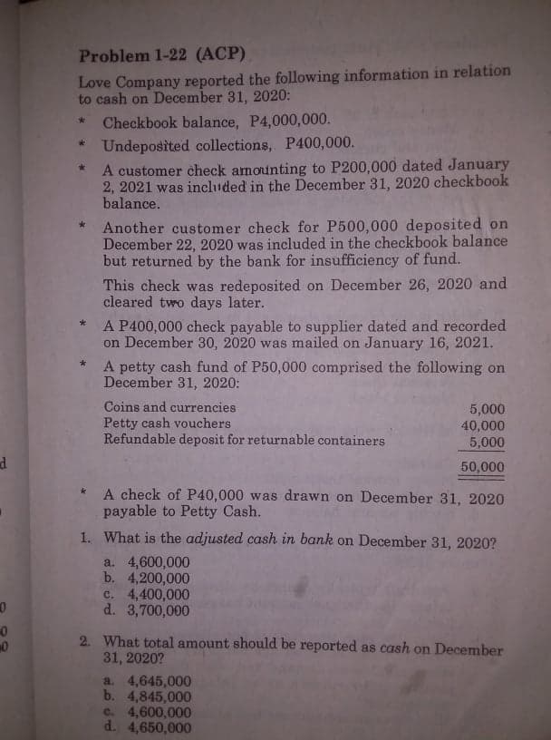 Problem 1-22 (ACP)
Love Company reported the following information in relation
to cash on December 31, 2020:
Checkbook balance, P4,000,000.
* Undeposited collections, P400,000.
A customer check amounting to P200,000 dated January
2, 2021 was included in the December 31, 2020 checkbook
balance.
Another customer check for P500,000 deposited on
December 22, 2020 was included in the checkbook balance
but returned by the bank for insufficiency of fund.
This check was redeposited on December 26, 2020 and
cleared two days later.
A P400,000 check payable to supplier dated and recorded
on December 30, 2020 was mailed on January 16, 2021.
A petty cash fund of P50,000 comprised the following on
December 31, 2020:
Coins and currencies
Petty cash vouchers
Refundable deposit for returnable containers
5,000
40,000
5,000
50,000
A check of P40,000 was drawn on December 31, 2020
payable to Petty Cash.
1. What is the adjusted cash in bank on December 31, 2020?
a. 4,600,000
b. 4,200,000
c. 4,400,000
d. 3,700,000
2. What total amount should be reported as cash on December
31, 2020?
a. 4,645,000
b. 4,845,000
c. 4,600,000
d. 4,650,000
