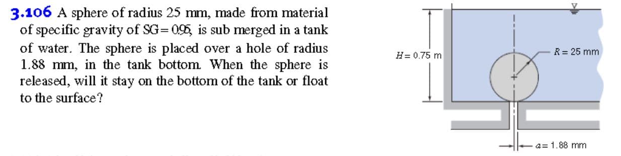 3.106 A sphere of radius 25 mm, made from material
of specific gravity of SG= 095, is sub merged in a tank
of water. The sphere is placed over a hole of radius
1.88 mm, in the tank bottom When the sphere is
released, will it stay on the bottom of the tank or float
to the surface?
