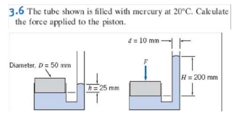 3.6 The tube shown is filled with mercury at 20°C. Calculate
the force applied to the piston.
d = 10 mm
F
Diameter, D = 50 mm
H= 200 mm
h=25 mm
