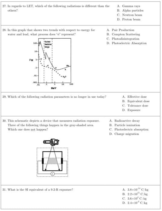 27. In regards to LET, which of the following radiations is different than the
A. Gamma rays
B. Alpha particles
C. Neutron beam
others?
D. Proton beam
28. In this graph that shows two trends with respect to energy for
water and lead, what process does "a" represent?
A. Pair Production
B. Compton Scattering
C. Photodisintegration
D. Photoelectric Absorption
100-N
10-
HM 1
1-
.01-
.001
10
100
.01
Mev
29. Which of the following radiation parameters is no konger in use today?
A. Effective dose
B. Equivalent dose
C. Tolerance dose
D. Exposure
30. This schematic depicts a device that meastures radiation exposure.
Three of the following things happen in the gray-shaded area.
Which one does not happen?
A. Radioactive decay
B. Particle ionization
C. Photoelectric absorption
D. Charge migration
31. What is the SI equivalent of a 9.2-R exposure?
A. 3.8x10" C/kg
B. 2.2x 10" C/kg
C. 3.6x10' C/kg
D. 2.4x 10 C/kg
