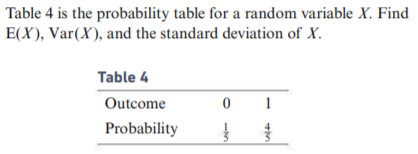 Table 4 is the probability table for a random variable X. Find
E(X), Var(X), and the standard deviation of X.
Table 4
Outcome
Probability
1,
