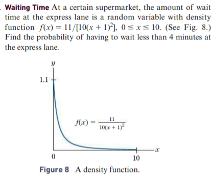 Waiting Time At a certain supermarket, the amount of wait
time at the express lane is a random variable with density
function f(x) = 11/[10(x + 1)*], 0 < x s 10. (See Fig. 8.)
Find the probability of having to wait less than 4 minutes at
the express lane.
1.1
11
S(x)
10(x + 1)?
10
Figure 8 A density function.

