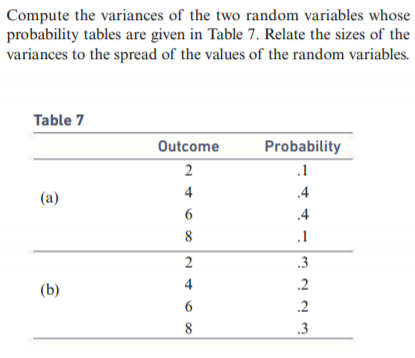 Compute the variances of the two random variables whose
probability tables are given in Table 7. Relate the sizes of the
variances to the spread of the values of the random variables.
Table 7
Outcome
Probability
2
.1
4
.4
(a)
6.
.4
.1
2
.3
4
.2
(b)
.2
8
.3
