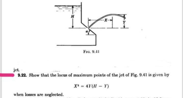 H
FIG. 9.41
jet,
9.22. Show that the locus of maximum points of the jet of Fig. 9.41 is given by
X = 4Y(H - Y)
when losses are neglected.
