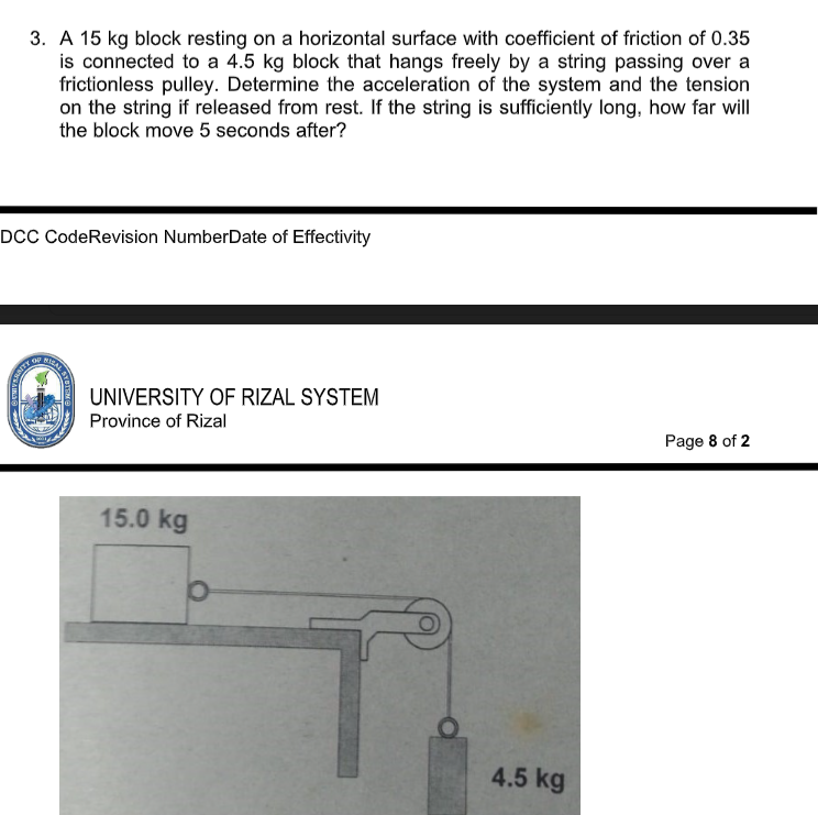 3. A 15 kg block resting on a horizontal surface with coefficient of friction of 0.35
is connected to a 4.5 kg block that hangs freely by a string passing over a
frictionless pulley. Determine the acceleration of the system and the tension
on the string if released from rest. If the string is sufficiently long, how far will
the block move 5 seconds after?
DCC CodeRevision NumberDate of Effectivity
UNIVERSITY OF RIZAL SYSTEM
Province of Rizal
Page 8 of 2
15.0 kg
4.5 kg
