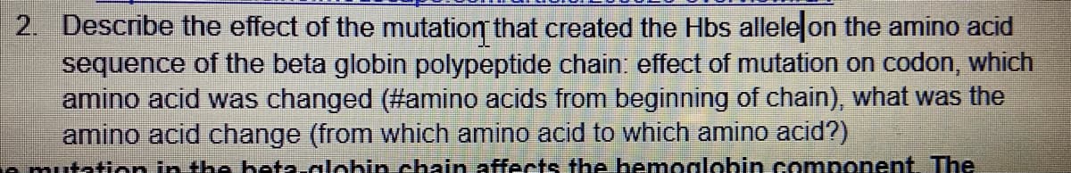 2. Describe the effect of the mutation that created the Hbs allele on the amino acid
sequence of the beta globin polypeptide chain: effect of mutation on codon, which
amino acid was changed (#amino acids from beginning of chain), what was the
amino acid change (from which amino acid to which amino acid?)
bmutation in the beta-globin chain affects the hemoglobin component. The
