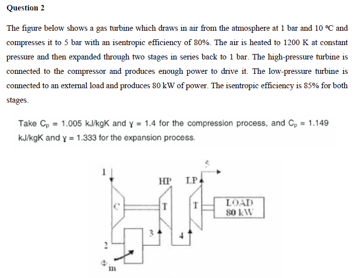 Question 2
The figure below shows a gas turbine which draws in air from the atmosphere at 1 bar and 10 °C and
compresses it to 5 bar with an isentropic efficiency of 80%. The air is heated to 1200 K at constant
pressure and then expanded through two stages in series back to 1 bar. The high-pressure turbine is
connected to the compressor and produces enough power to drive it. The low-pressure turbine is
connected to an external load and produces 80 kW of power. The isentropic efficiency is 85% for both
stages.
Take Cp = 1.005 kJ/kgk and y = 1.4 for the compression process, and Cp = 1.149
kJ/kgk and y = 1.333 for the expansion process.
2
111
3
HP
Т
LP
LOAD
80 kW