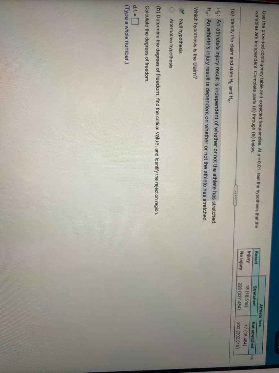 Athlete has
Use the provided contingency table and expected frequencies. At a 0.01, test the hypothesis that the
variables are independent. Complete parts (a) through (e) below.
Result
Stretched
Not stretched
Injury
18 (18.516)
228 (227.484)
17 (16.484)
202 (202.516)
No injury
.....
(a) Identify the claim and state Ho and Ha.
Ho: An athlete's injury result is independent of whether or not the athlete has stretched.
H: An athlete's injury result is dependent on whether or not the athlete has stretched.
Which hypothesis is the claim?
Null hypothesis
Alternative hypothesis
(b) Determine the degrees of freedom, find the critical value, and identify the rejection region.
Calculate the degrees of freedom.
d.f. =|
(Type a whole number.)
