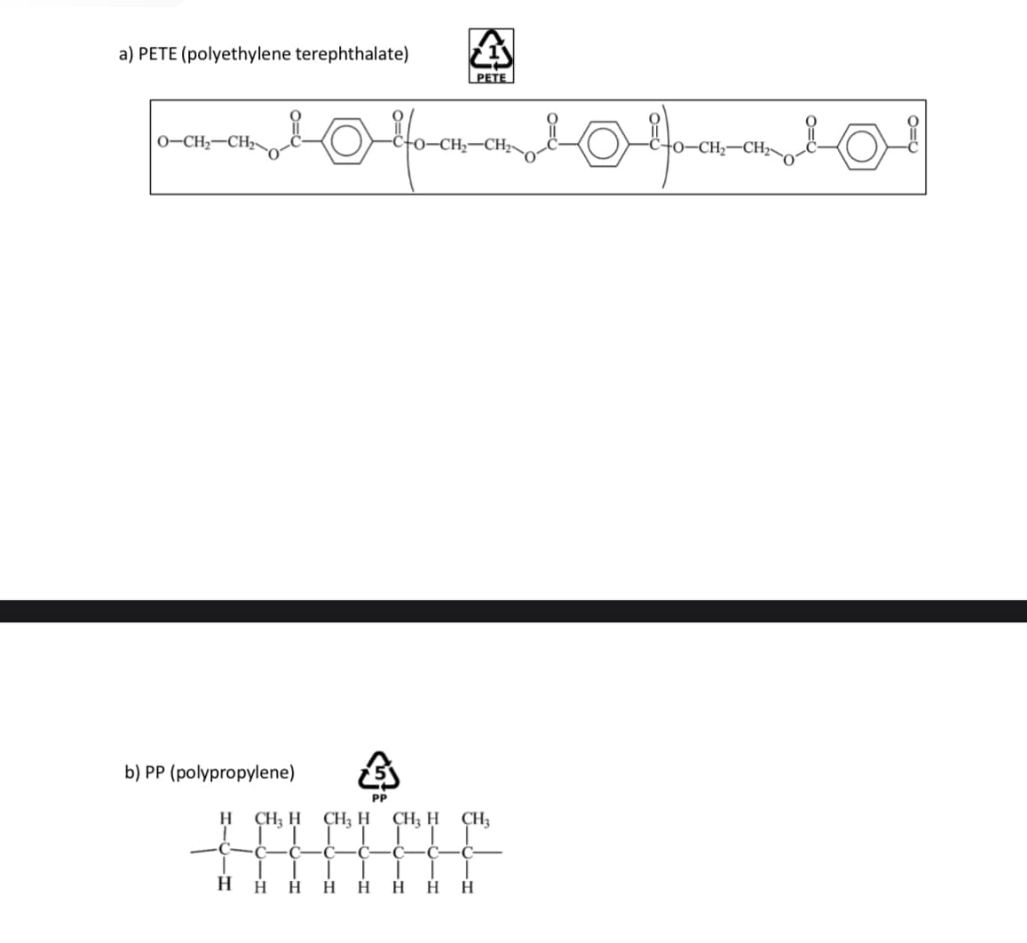 a) PETE (polyethylene terephthalate)
O-CH2-CH2
A
PETE
བཅང་པན་ཏི་ཡ་》པའི་ང་བཅ་ཅ་ནདདི་ད
b) PP (polypropylene)
H
CH₁₂ H CH3 H
PP
CH3 H CH3
H
H
H
H H H