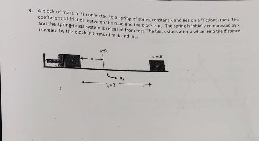 3. A block of mass m is connected to a spring of spring constant k and lies on a frictional road. The
coefficient of friction between the road and the block is k. The spring is initially compressed by X
and the spring-mass system is released from rest. The block stops after a while. Find the distance
traveled by the block in terms of m, k and k
x=0
L = ?
3
Px
V=0