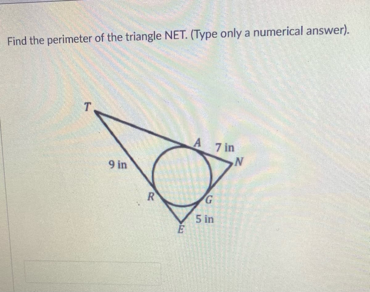 Find the perimeter of the triangle NET. (Type only a numerical answer).
T
A 7 in
N'
9 in
R
5 in
