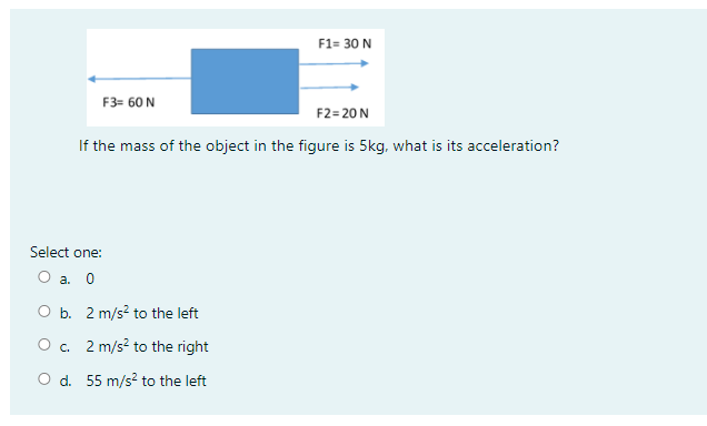 F1= 30 N
F3= 60 N
F2= 20 N
If the mass of the object in the figure is 5kg, what is its acceleration?
Select one:
O a. 0
O b. 2 m/s? to the left
O. 2 m/s? to the right
O d. 55 m/s? to the left
