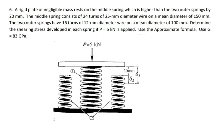 6. A rigid plate of negligible mass rests on the middle spring which is higher than the two outer springs by
20 mm. The middle spring consists of 24 turns of 25-mm diameter wire on a mean diameter of 150 mm.
The two outer springs have 16 turns of 12-mm diameter wire on a mean diameter of 100 mm. Determine
the shearing stress developed in each spring if P = 5 kN is applied. Use the Approximate formula. Use
= 83 GPa.
P=5 KN
20mm