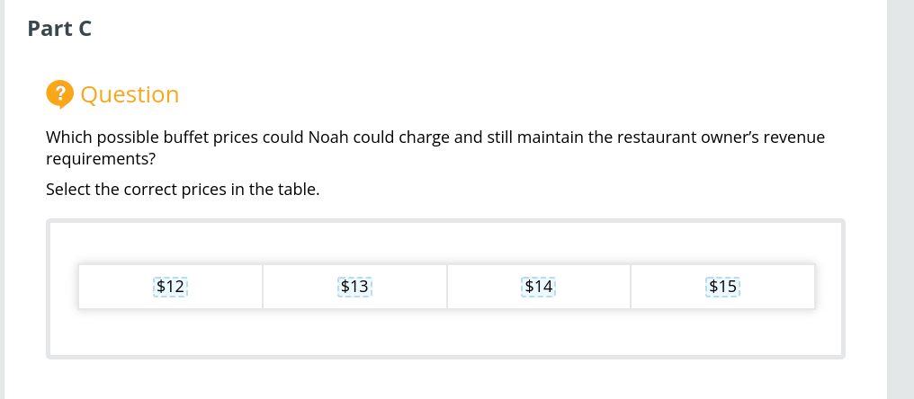 Part C
? Question
Which possible buffet prices could Noah could charge and still maintain the restaurant owner's revenue
requirements?
Select the correct prices in the table.
$12
$13
$14
$15
