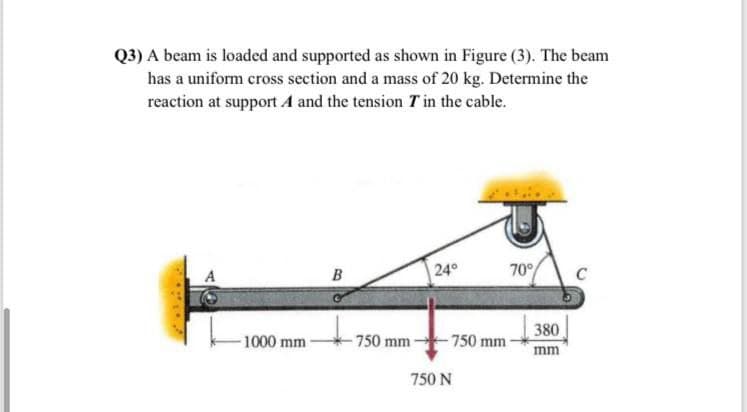 Q3) A beam is loaded and supported as shown in Figure (3). The beam
has a uniform cross section and a mass of 20 kg. Determine the
reaction at support A and the tension T in the cable.
B
24°
70°/
380
mm
1000 mm
750 mm
-750 mm
750 N
