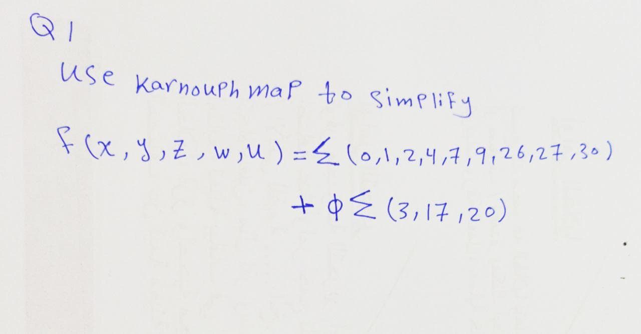 use Karnouph map to simplify
F(x,Y,Z,w,u) ={(o,1,2,4,7,9,26,27,30)
+ ¢{ (3,17,20)
