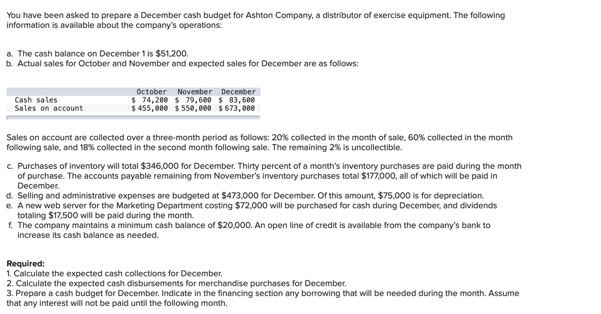 You have been asked to prepare a December cash budget for Ashton Company, a distributor of exercise equipment. The following
information is available about the company's operations:
a. The cash balance on December 1 is $51,200.
b. Actual sales for October and November and expected sales for December are as follows:
October
November
December
Cash sales
Sales on account
$ 74,200 $ 79,600 $ 83,600
$ 455,000 $ 550,000 $ 673,000
Sales on account are collected over a three-month period as follows: 20% collected in the month of sale, 60% collected in the month
following sale, and 18% collected in the second month following sale. The remaining 2% is uncollectible.
c. Purchases of inventory will total $346,000 for December. Thirty percent of a month's inventory purchases are paid during the month
of purchase. The accounts payable remaining from November's inventory purchases total $177,000, all of which will be paid in
December.
d. Selling and administrative expenses are budgeted at $473,000 for December. Of this amount, $75,000 is for depreciation.
e. A new web server for the Marketing Department costing $72,000 will be purchased for cash during December, and dividends
totaling $17,500 will be paid during the month.
f. The company maintains a minimum cash balance of $20,000. An open line of credit is available from the company's bank to
increase its cash balance as needed.
Required:
1. Calculate the expected cash collections for December.
2. Calculate the expected cash disbursements for merchandise purchases for December.
3. Prepare a cash budget for December. Indicate in the financing section any borrowing that will be needed during the month. Assume
that any interest will not be paid until the following month.
