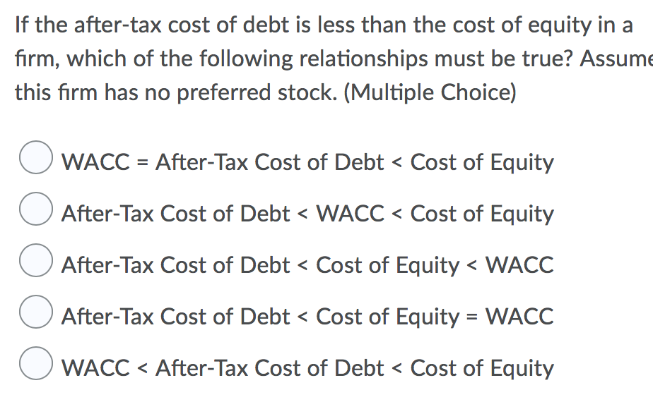 If the after-tax cost of debt is less than the cost of equity in a
firm, which of the following relationships must be true? Assume
this firm has no preferred stock. (Multiple Choice)
WACC = After-Tax Cost of Debt < Cost of Equity
After-Tax Cost of Debt < WACC < Cost of Equity
After-Tax Cost of Debt < Cost of Equity < WACC
After-Tax Cost of Debt < Cost of Equity = WACC
WACC < After-Tax Cost of Debt < Cost of Equity
