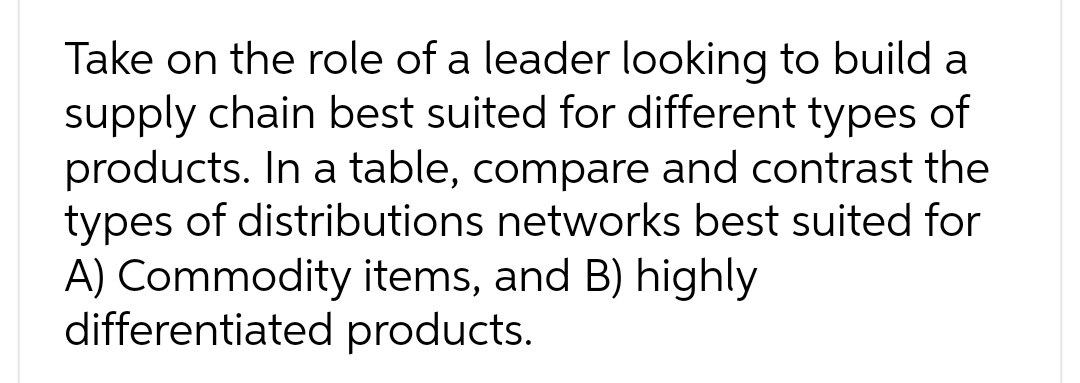 Take on the role of a leader looking to build a
supply chain best suited for different types of
products. In a table, compare and contrast the
types of distributions networks best suited for
A) Commodity items, and B) highly
differentiated products.