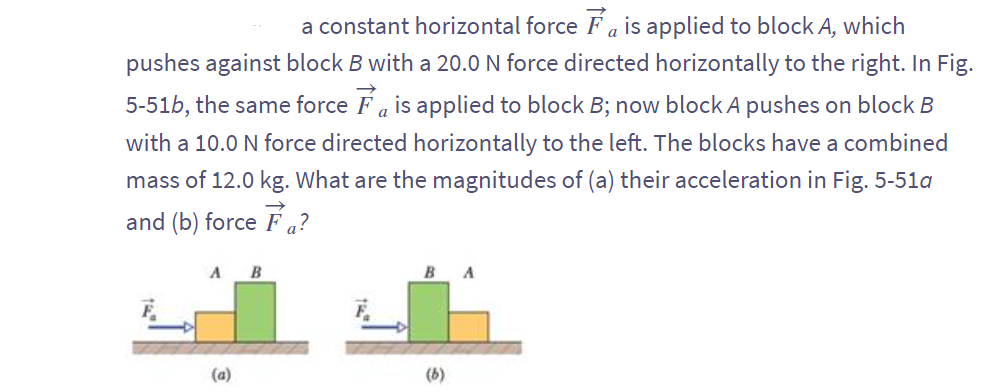 a
a constant horizontal force is applied to block A, which
pushes against block B with a 20.0 N force directed horizontally to the right. In Fig.
5-51b, the same force is applied to block B; now block A pushes on block B
with a 10.0 N force directed horizontally to the left. The blocks have a combined
mass of 12.0 kg. What are the magnitudes of (a) their acceleration in Fig. 5-51a
and (b) force Fa?
A B
(a)
B
(6)