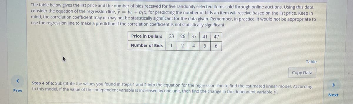 <
Prev
The table below gives the list price and the number of bids received for five randomly selected items sold through online auctions. Using this data,
consider the equation of the regression line, y = bo + b₁x, for predicting the number of bids an item will receive based on the list price. Keep in
mind, the correlation coefficient may or may not be statistically significant for the data given. Remember, In practice, it would not be appropriate to
use the regression line to make a prediction if the correlation coefficient is not statistically significant.
Price in Dollars
Number of Bids
23 26 37 41
1 2 4 5
47
6
Table
Copy Data
Step 4 of 6: Substitute the values you found in steps 1 and 2 into the equation for the regression line to find the estimated linear model. According
to this model, if the value of the independent variable is increased by one unit, then find the change in the dependent variable.
>
Next