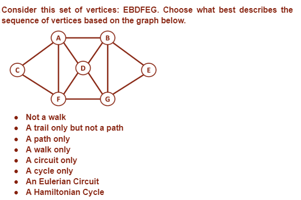 Consider this set of vertices: EBDFEG. Choose what best describes the
sequence of vertices based on the graph below.
Not a walk
A trail only but not a path
• A path only
• A walk only
A circuit only
• A cycle only
An Eulerian Circuit
• A Hamiltonian Cycle