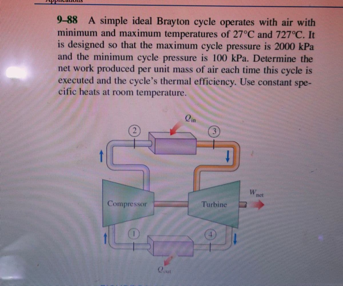9-88 A simple ideal Brayton cycle operates with air with
minimum and maximum temperatures of 27°C and 727°C. It
is designed so that the maximum cycle pressure is 2000 kPa
and the minimum cycle pressure is 100 kPa. Determine the
net work produced per unit mass of air each time this cycle is
executed and the cycle's thermal efficiency. Use constant spe-
cific heats at room temperature.
Qin
net
Compressor
Turbine
4.
