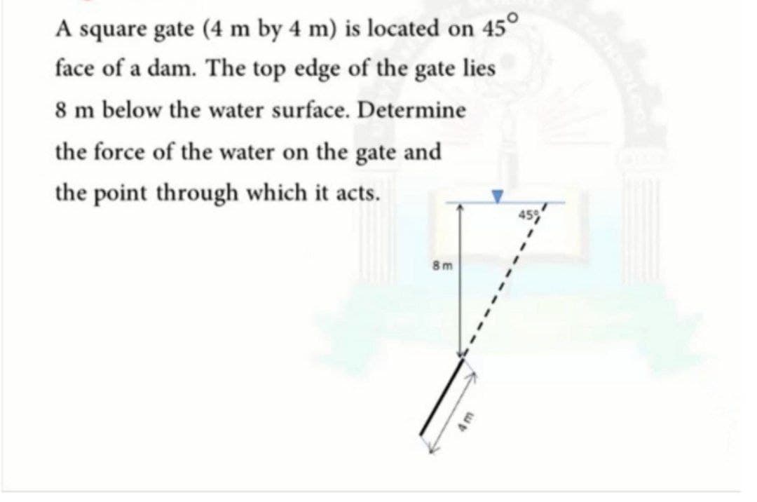 A square gate (4 m by 4 m) is located on 45°
face of a dam. The top edge of the gate lies
8 m below the water surface. Determine
the force of the water on the gate and
the point through which it acts.
8m
