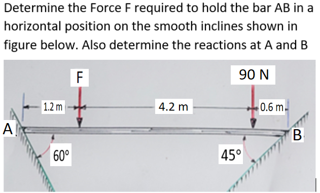 Determine the Force F required to hold the bar AB in a
horizontal position on the smooth inclines shown in
figure below. Also determine the reactions at A and B
F
90 N
1.2 m
4.2 m
0.6 m-
A
B
60°
45°
