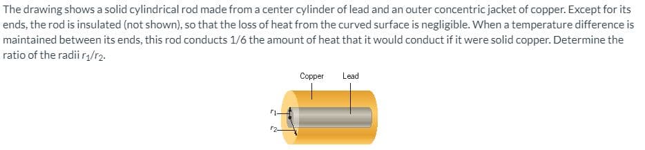 The drawing shows a solid cylindrical rod made from a center cylinder of lead and an outer concentric jacket of copper. Except for its
ends, the rod is insulated (not shown), so that the loss of heat from the curved surface is negligible. When a temperature difference is
maintained between its ends, this rod conducts 1/6 the amount of heat that it would conduct if it were solid copper. Determine the
ratio of the radii ra/r2.
Copper
Lead
