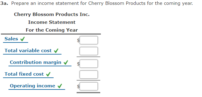 3a. Prepare an income statement for Cherry Blossom Products for the coming year.
Cherry Blossom Products Inc.
Income Statement
For the Coming Year
Sales v
Total variable cost
Contribution margin
Total fixed cost
Operating income
