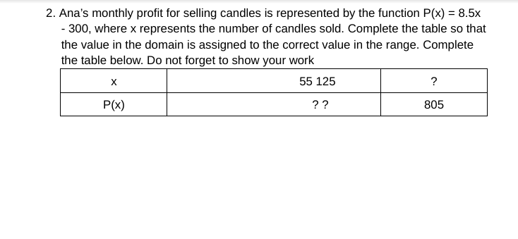 2. Ana's monthly profit for selling candles is represented by the function P(x) = 8.5x
- 300, where x represents the number of candles sold. Complete the table so that
the value in the domain is assigned to the correct value in the range. Complete
the table below. Do not forget to show your work
55 125
?
P(x)
??
805
