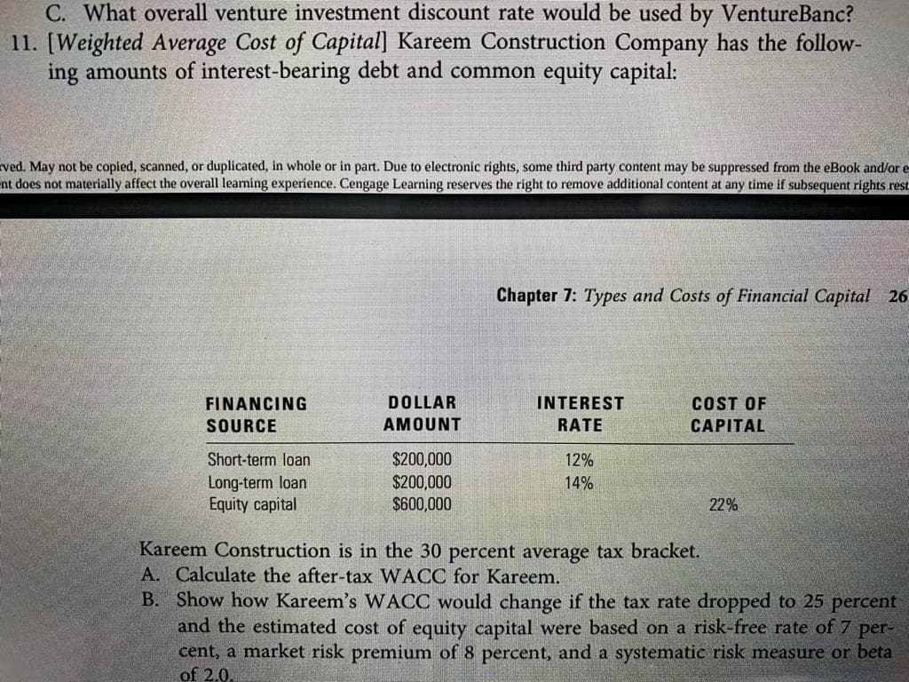[Weighted Average Cost of Capital] Kareem Construction Company
ing amounts of interest-bearing debt and common equity capital:
May not be copied, scanned, or duplicated, in whole or in part. Due to electronic rights, some third party content may be sup
es not materially affect the overall leaming experience. Cengage Learning reserves the right to remove additional content at
Chapter 7: Types and Costs c
