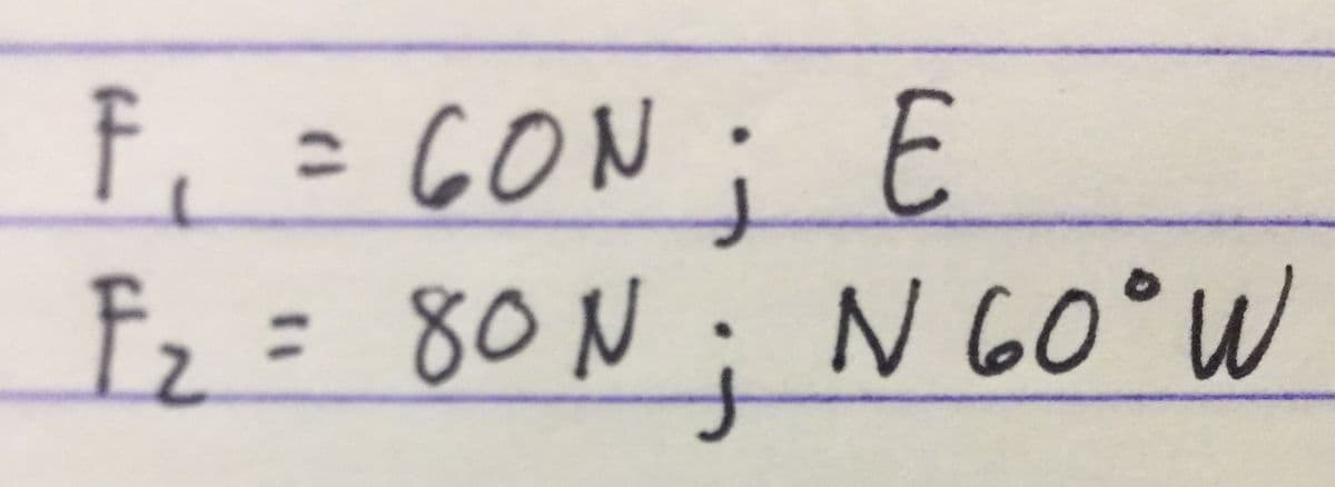 F, = 6ON; E
%3D
Ez = 80N;NG0°W
N 60°W
%3D
