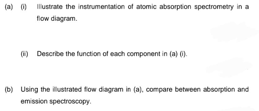 (a) (i)
Illustrate the instrumentation of atomic absorption spectrometry in a
flow diagram.
(ii)
Describe the function of each component in (a) (i).
(b) Using the illustrated flow diagram in (a), compare between absorption and
emission spectroscopy.
