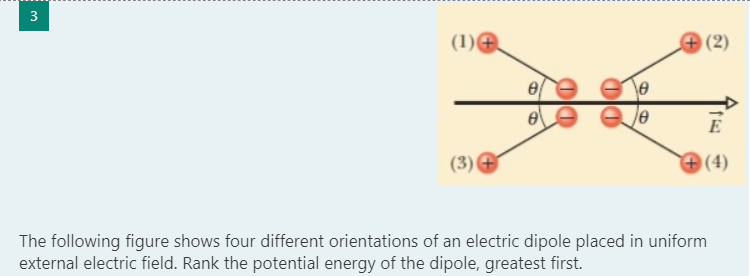 3
(1)e.
(2)
(3)
(4)
The following figure shows four different orientations of an electric dipole placed in uniform
external electric field. Rank the potential energy of the dipole, greatest first.
