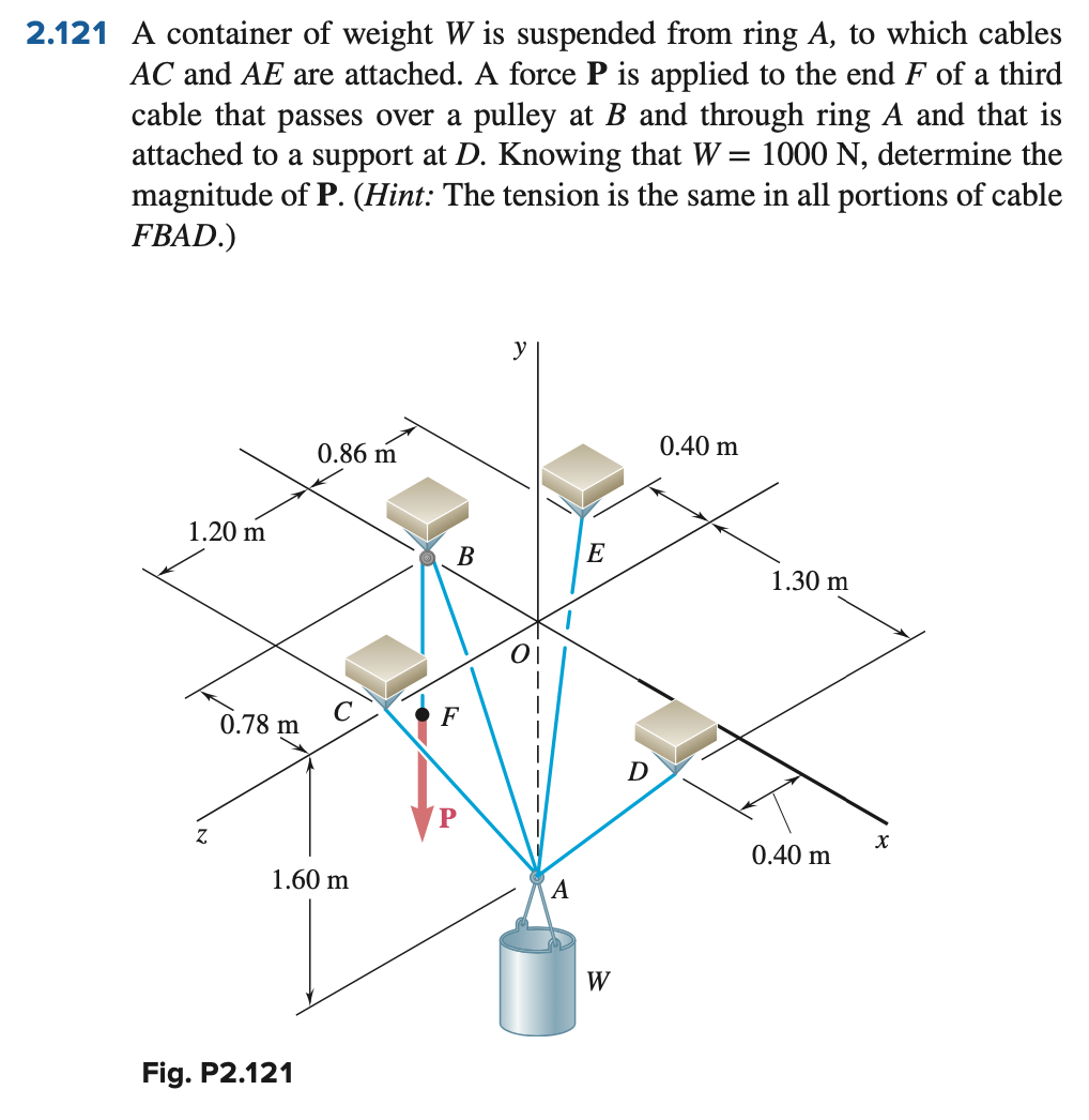2.121 A container of weight W is suspended from ring A, to which cables
AC and AE are attached. A force P is applied to the end F of a third
cable that passes over a pulley at B and through ring A and that is
attached to a support at D. Knowing that W = 1000 N, determine the
magnitude of P. (Hint: The tension is the same in all portions of cable
FBAD.)
1.20 m
Z
0.78 m
0.86 m
Fig. P2.121
с
1.60 m
B
F
y
A
E
W
D
0.40 m
1.30 m
0.40 m
X