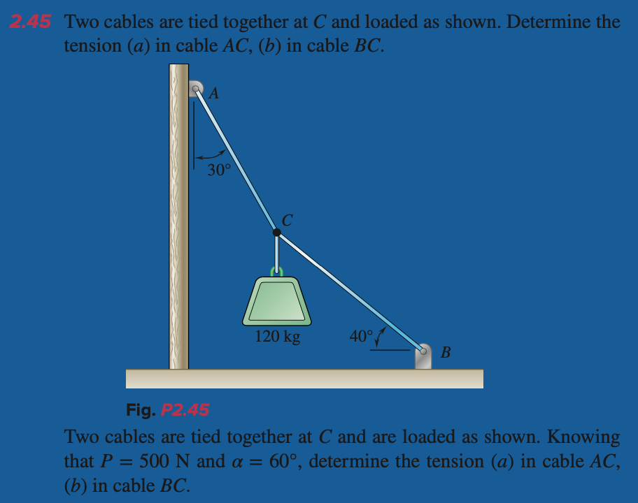 2.45 Two cables are tied together at C and loaded as shown. Determine the
tension (a) in cable AC, (b) in cable BC.
A
30°
C
120 kg
40°,
B
Fig. P2.45
Two cables are tied together at C and are loaded as shown. Knowing
that P = 500 N and a = 60°, determine the tension (a) in cable AC,
(b) in cable BC.
