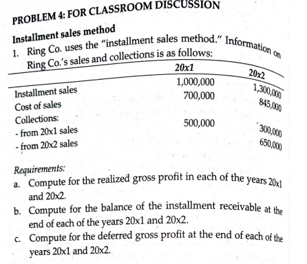 b. Compute for the balance of the installment receivable at the
a. Compute for the realized gross profit in each of the years 20x1
1. Ring Co. uses the "installment sales method." Information o
PROBLEM 4: FOR CLASSROOM DISCUSSION
Installment sales method
Ring Co.'s sales and collections is as follows:
20x1
us
20x2
1,000,000
700,000
1,300,000
Installment sales
845,000
Cost of sales
Collections:
500,000
* 300,000
- from 20x1 sales
650,000
- from 20x2 sales
Requirements:
and 20x2.
b. Compute for the balance of the installment receivable at t.
end of each of the years 20x1 and 20x2.
c. Compute for the deferred gross profit at the end of each of the
years 20x1 and 20x2.
