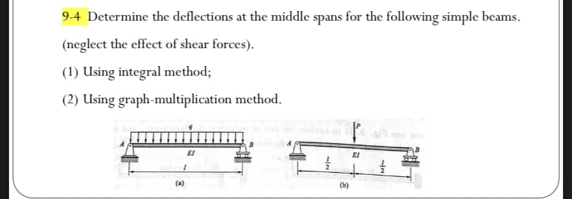9-4 Determine the deflections at the middle spans for the following simple beams.
(neglect the effect of shear forces).
(1) Using integral method;
(2) Using graph-multiplication method.
EI
1
(a)
|N
of
(b)
EI
7/2