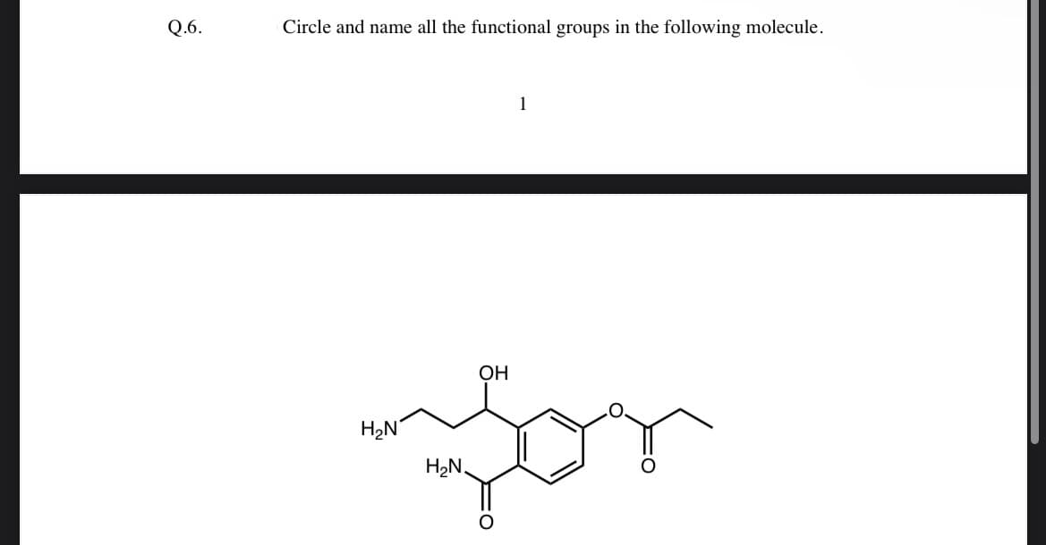 Q.6.
Circle and name all the functional groups in the following molecule.
H₂N
1
OH
for
H₂N.