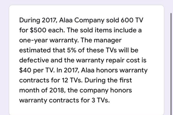 During 2017, Alaa Company sold 600 TV
for $500 each. The sold items include a
one-year warranty. The manager
estimated that 5% of these TVs will be
defective and the warranty repair cost is
$40 per TV. In 2017, Alaa honors warranty
contracts for 12 TVs. During the first
month of 2018, the company honors
warranty contracts for 3 TVs.
