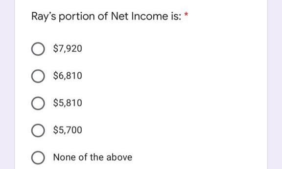 Ray's portion of Net Income is:
$7,920
$6,810
$5,810
$5,700
O None of the above
